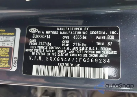 2015 Kia Optima Ex from USA, damaged, VIN 5XXGN4A71FG369234